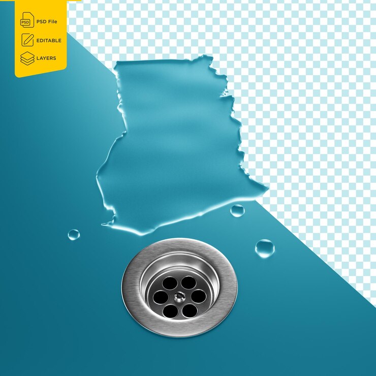 PSD mapa del agua de ghana con fregadero metálico de drenaje ahorre agua y concepto de desperdicio de agua ilustración 3d