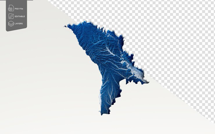 PSD mapa de aguas azules profundas de moldavia con textura de relieve sombreado mapa sobre fondo blanco ilustración 3d