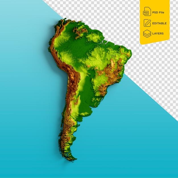 Mapa de América del Sur Relieve sombreado Mapa de altura en color de fondo azul marino Ilustración 3d