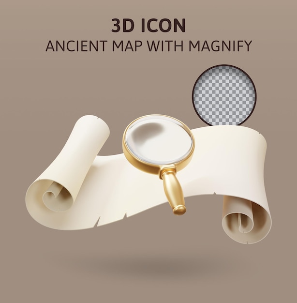 Mapa antiguo con magnificar ilustración de renderizado 3d