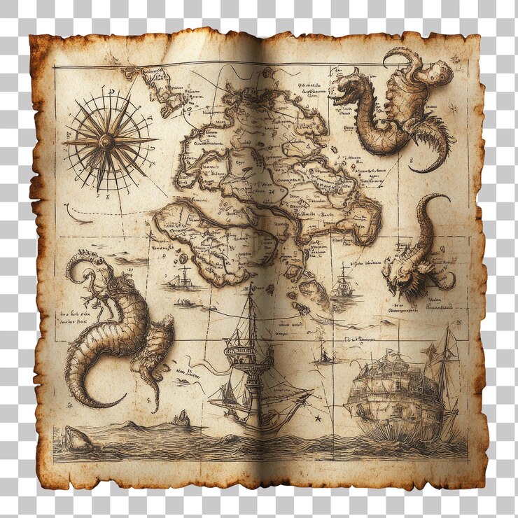 PSD mapa antiguo con monstruos marinos y elementos náuticos