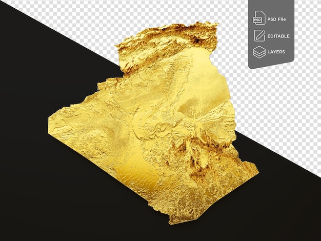 Mapa de Argelia Color de metal dorado Mapa de altura con fondo negro Ilustración en 3D