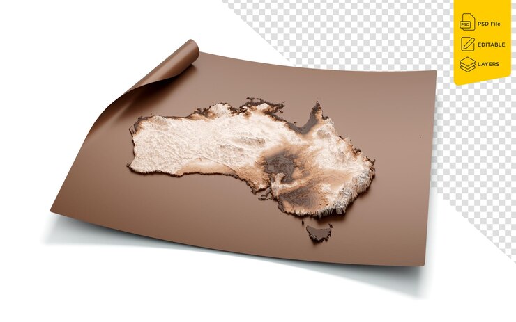PSD mapa de australia estilo antiguo marrón en hoja de papel de mapa sin enrollar ilustración 3d