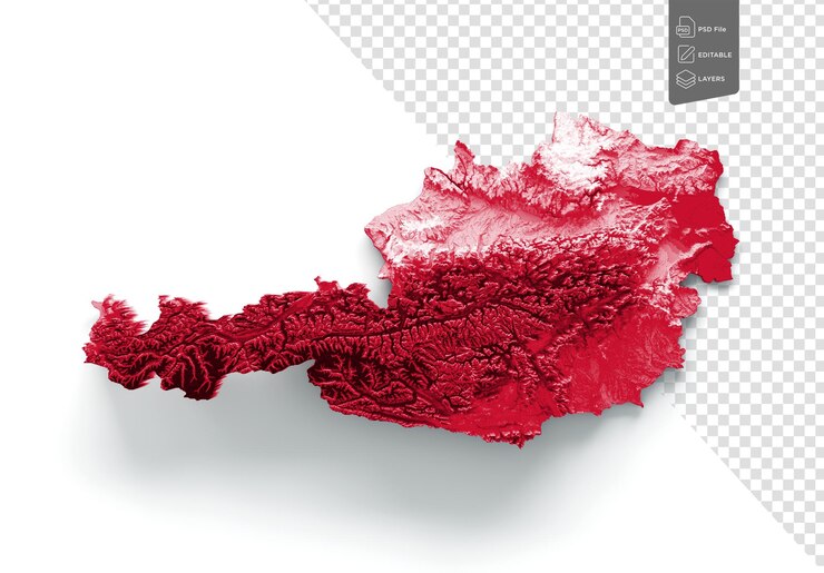 PSD mapa de austria con la bandera de colores rojo y blanco en sombra mapa de relieve sobre fondo blanco ilustración 3d