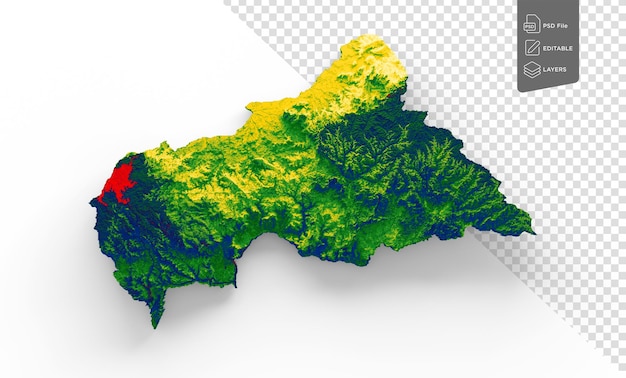 Mapa de la bandera de África Central Colores verde y amarillo Relieve sombreado Mapa de fondo blanco Ilustración 3d