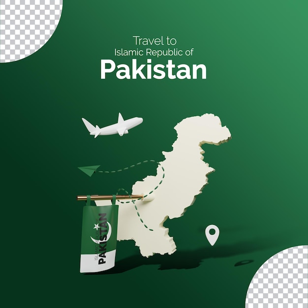 PSD mapa y bandera de pakistán con plantilla de póster de viaje