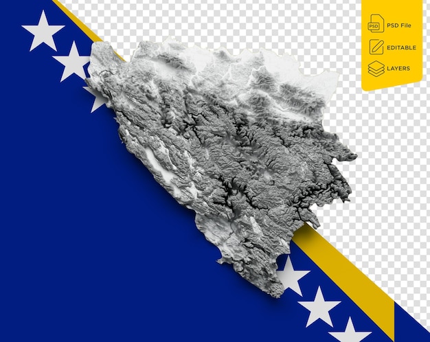 PSD mapa de bosnia y herzegovina bandera de relieve sombreado mapa de altura de color en fondo azul ilustración 3d