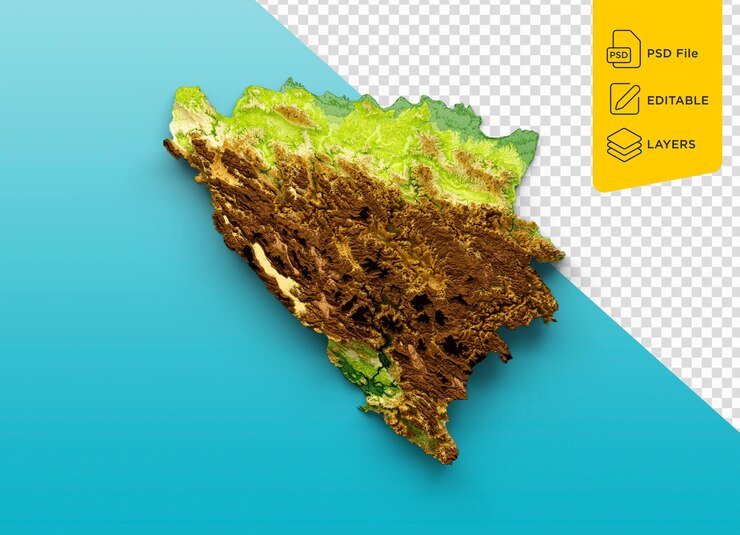 PSD mapa de bosnia y herzegovina relieve sombreado mapa de altura de color sobre fondo aislado ilustración 3d