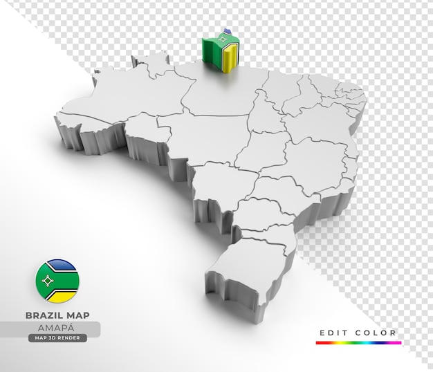 PSD mapa de brasil con la bandera del estado de amapá en representación isométrica 3d