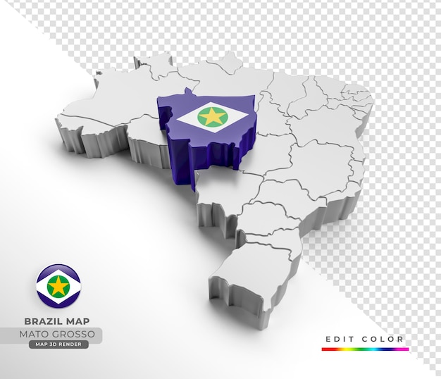 PSD mapa de brasil con la bandera del estado de mato grosso en representación isométrica 3d