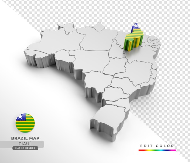 Mapa de Brasil con la bandera del estado de Piaui en render isométrico 3d