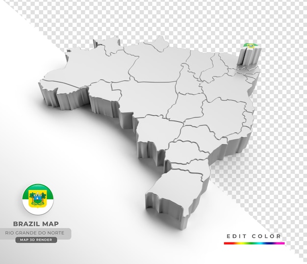 PSD mapa de brasil con la bandera del estado de rio grande do norte en representación isométrica 3d