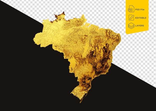 Mapa de Brasil Color de metal dorado Mapa de altura en fondo negro Ilustración en 3D
