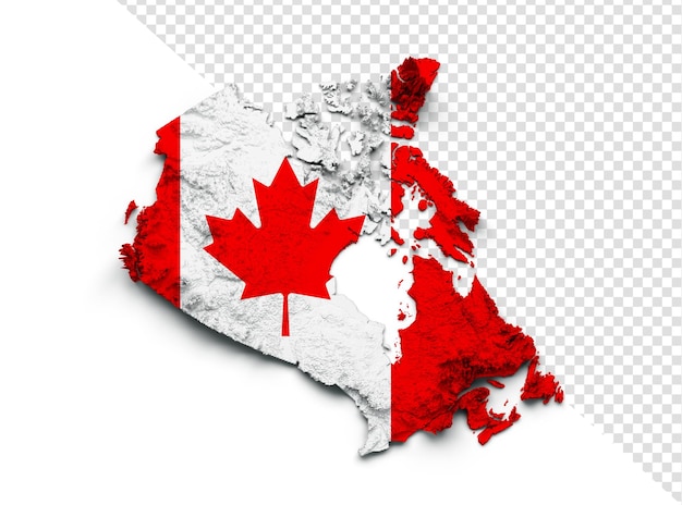 Mapa de Canadá con la bandera Colores Rojo y Blanco Mapa en relieve sombreado Ilustración 3d