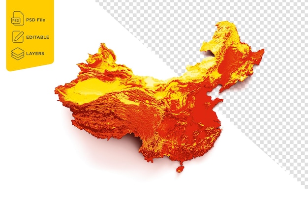 Mapa de China con los colores de la bandera Mapa en relieve sombreado rojo y amarillo sobre fondo blanco Ilustración 3d