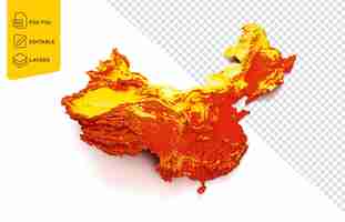 PSD mapa de china con los colores de la bandera mapa en relieve sombreado rojo y amarillo sobre fondo blanco ilustración 3d