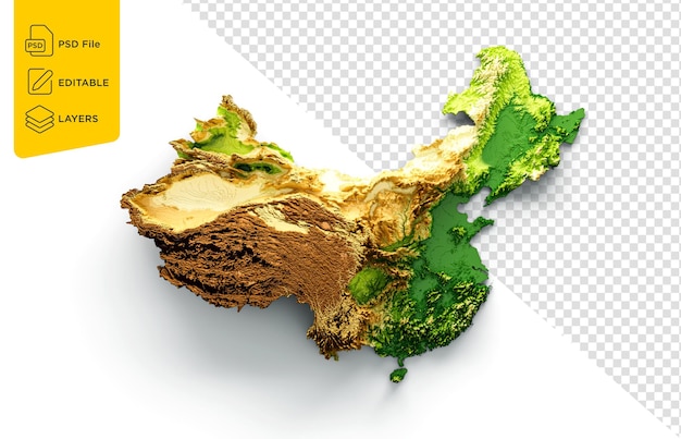 Mapa de china relieve sombreado mapa de altura de color sobre fondo aislado ilustración 3d