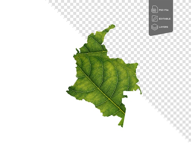 PSD mapa de colombia hecho de hojas verdes sobre un fondo blanco concepto de ecología ilustración en 3d