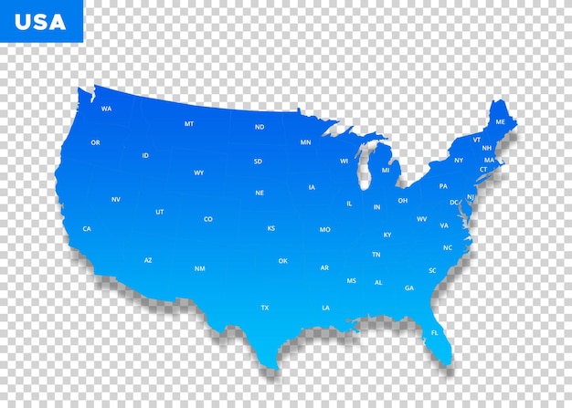 Mapa de color azul de los estados unidos en fondo transparente