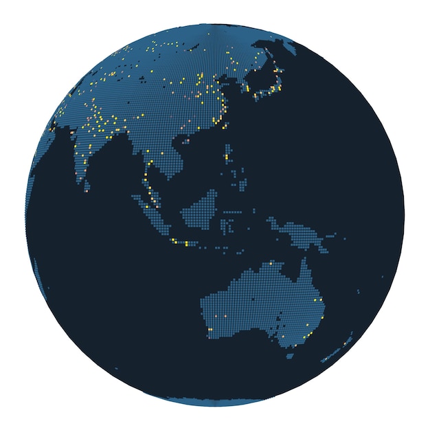 PSD un mapa del continente de asia en un globo redondo con las grandes ciudades resaltadas en una elegante representación dots3d