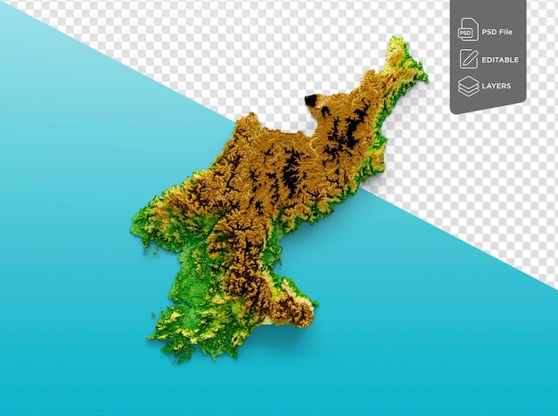 Mapa de corea del norte mapa de altura de color en relieve sombreado sobre fondo azul marino ilustración 3d