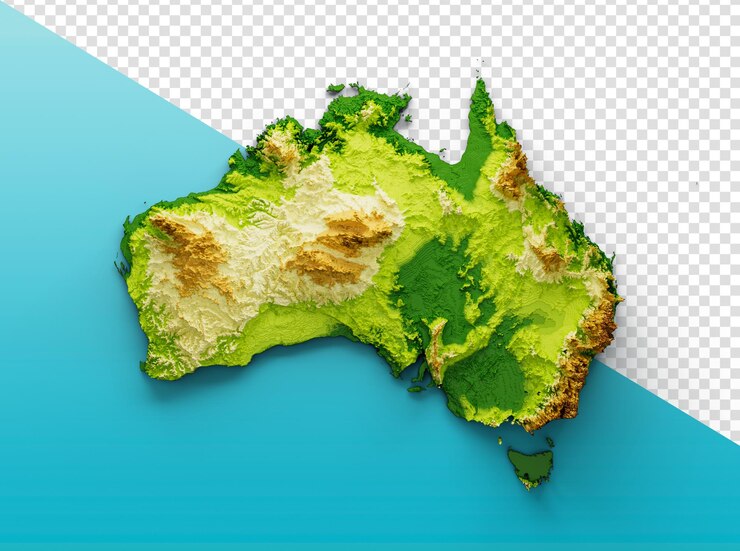 PSD mapa da austrália relevo sombreado cor altura mapa na ilustração 3d de fundo isolada