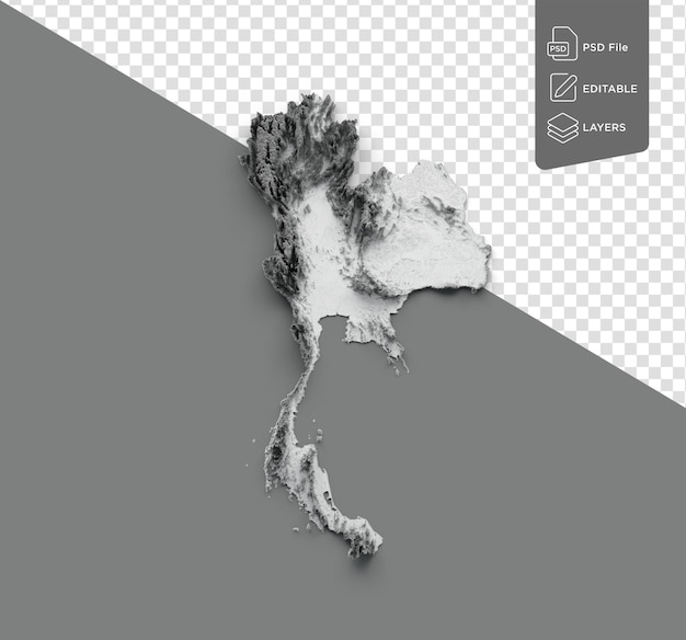 PSD mapa da bandeira da tailândia relief sombreado mapa de altura de cor em fundo cinza ilustração 3d