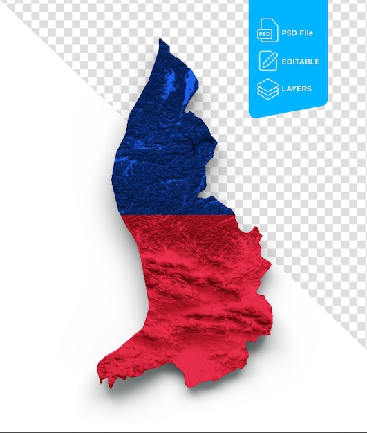 Mapa da bandeira do Liechtenstein Cores azul e vermelho Mapa de relevo sombreado em fundo branco Ilustração 3d