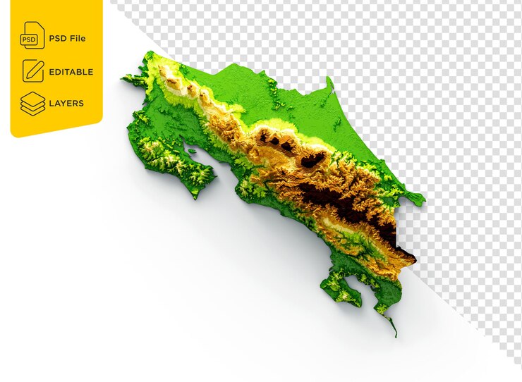 PSD mapa da costa rica mapa de altura de cor de relevo sombreado em fundo branco ilustração 3d