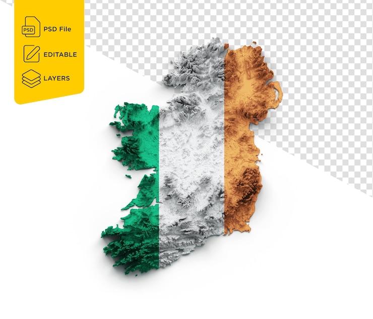 PSD mapa da irlanda bandeira da irlanda alívio sombreado cor mapa de altura em isolado fundo ilustração 3d