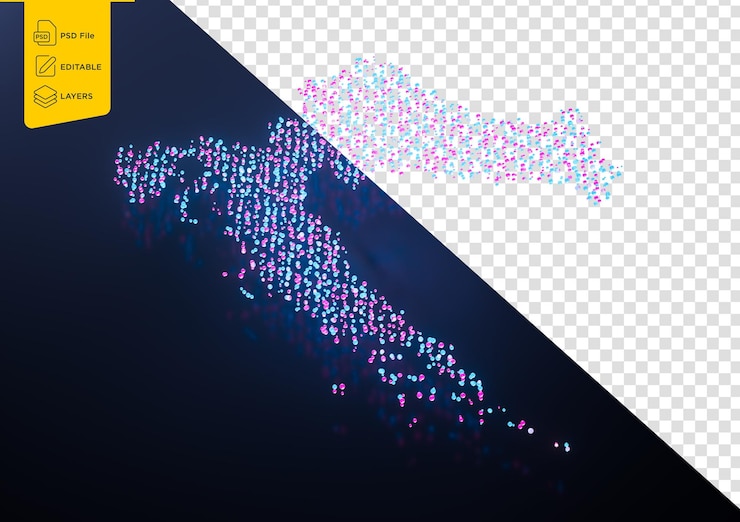 PSD mapa de datos digitales de croacia iluminado partículas brillantes de neón rosa y azul ilustración 3d