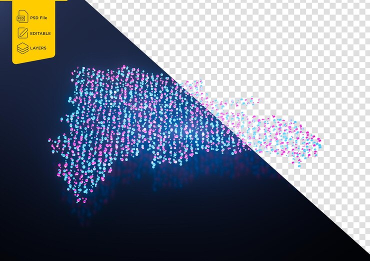 PSD mapa de datos digitales de la república dominicana iluminado particulas de neón brillantes rosadas y azules ilustración 3d