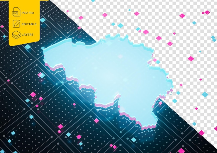 PSD mapa de dados iluminado da bélgica luz azul de néon em fundo de padrão sem costura ilustração 3d