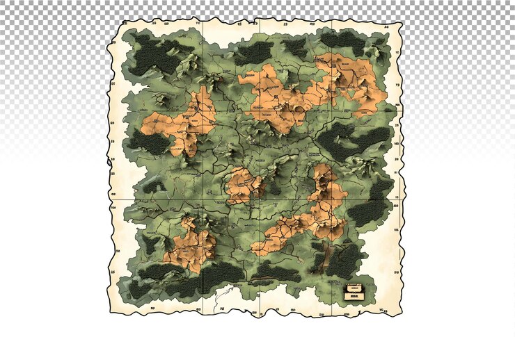 PSD mapa de fantasia destacando montanhas, florestas e rios