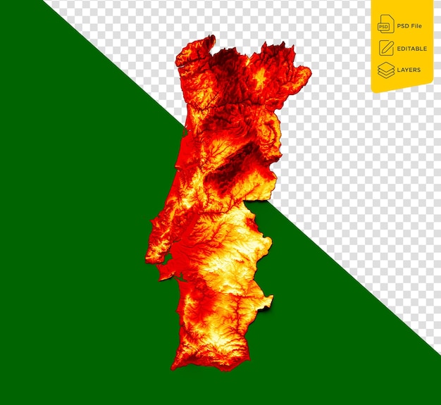 PSD mapa de portugal com as cores da bandeira vermelha e laranja em sombra mapa de relevo em fundo verde ilustração 3d