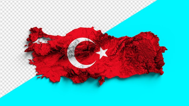 Mapa de relevo da Turquia com bandeira isolada na ilustração 3d de fundo branco