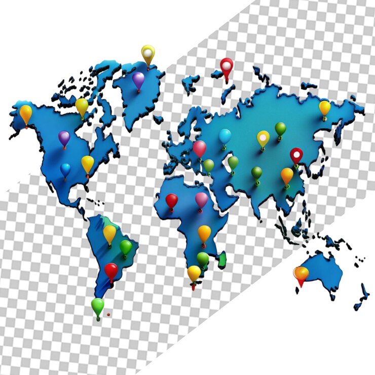 PSD un mapa detallado del mundo mostrado sobre un fondo transparente