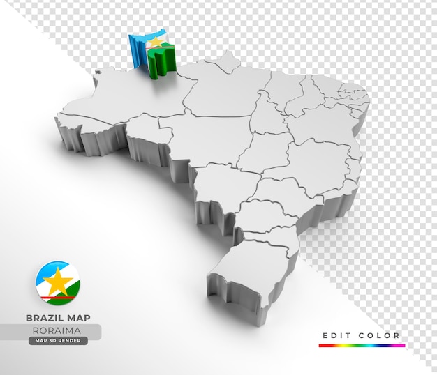Mapa do Brasil com a bandeira do estado de Roraima em renderização isométrica 3d