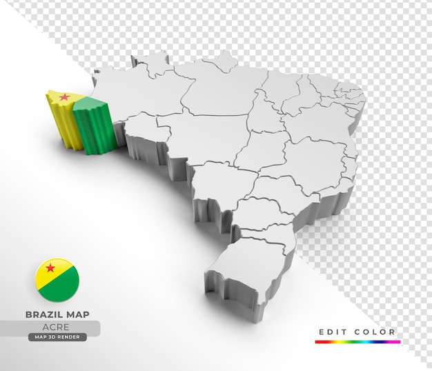Mapa do Brasil com a bandeira do estado do Acre em renderização isométrica 3d