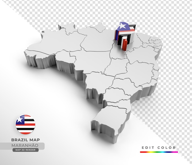 PSD mapa do brasil com a bandeira do estado do maranhão em renderização isométrica 3d