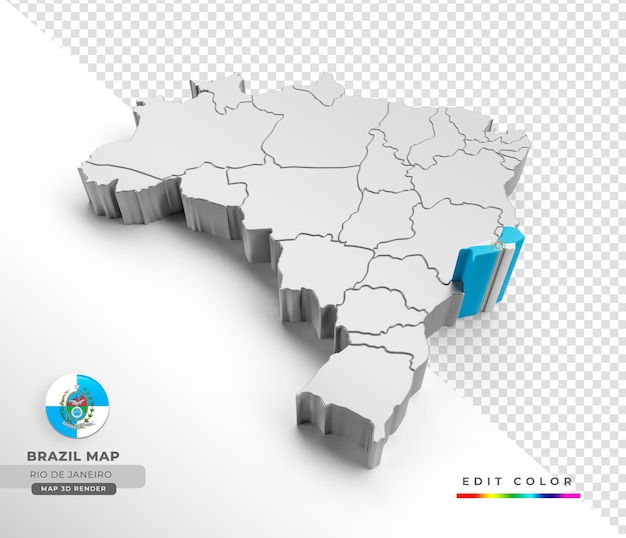 Mapa do brasil com a bandeira do estado do rio de janeiro em renderização isométrica 3d