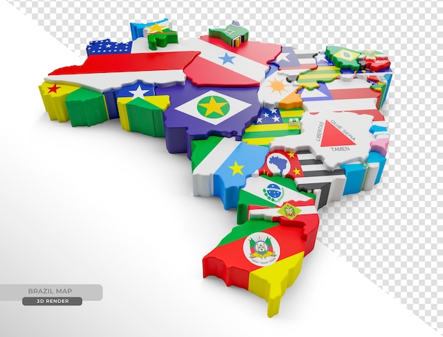 Mapa do brasil com bandeiras dos estados brasileiros em renderização 3d com fundo transparente