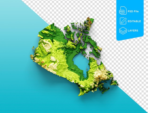 PSD mapa do canadá mapa de altura de cores em relevo sombreado em fundo isolado ilustração 3d