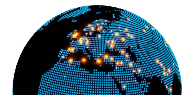 PSD mapa do globo meio redondo da europa com pontos estilizados e grandes cidades destacadas renderização em 3d