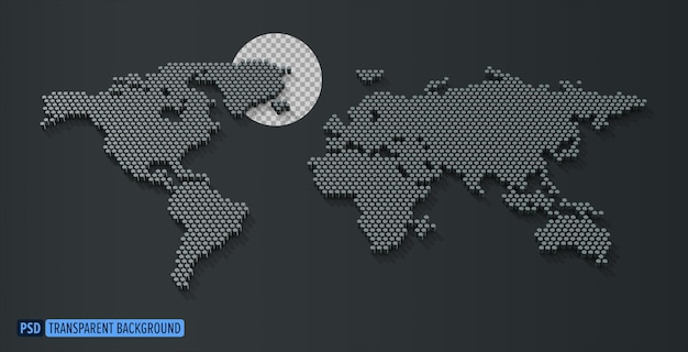 PSD mapa do mundo feito de cilindros cinzentos metálicos no fundo escuro renderização 3d