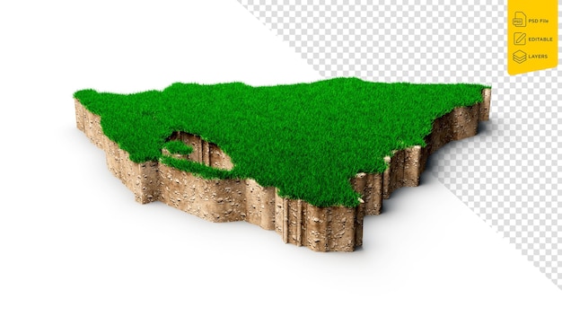 PSD mapa do solo da nicarágua geologia da terra seção transversal grama verde e rocha textura do solo ilustração 3d
