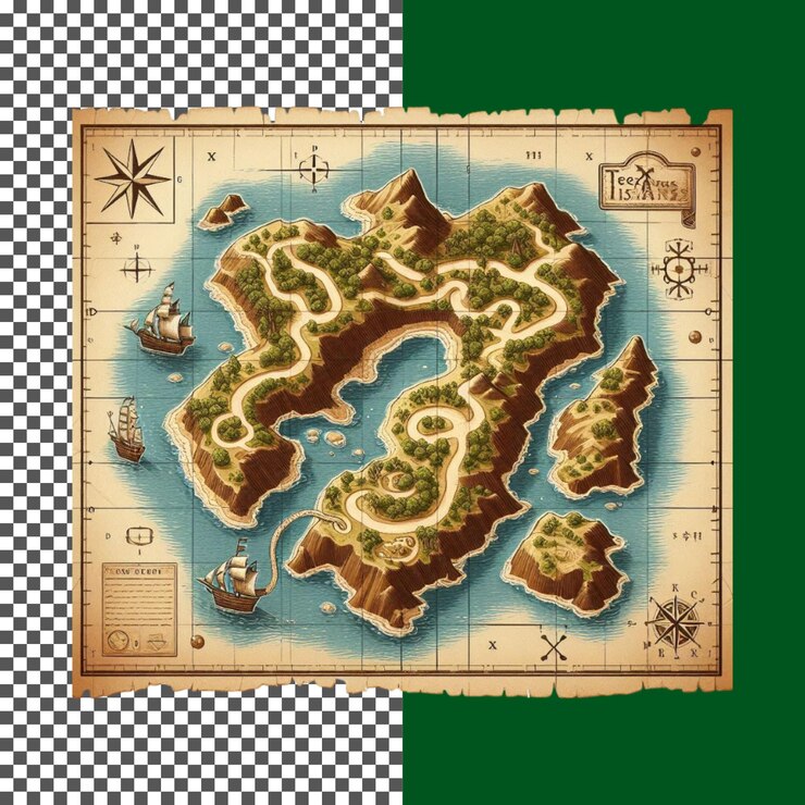 PSD mapa do tesouro vintage com navios e montanhas em fundo transparente png psd