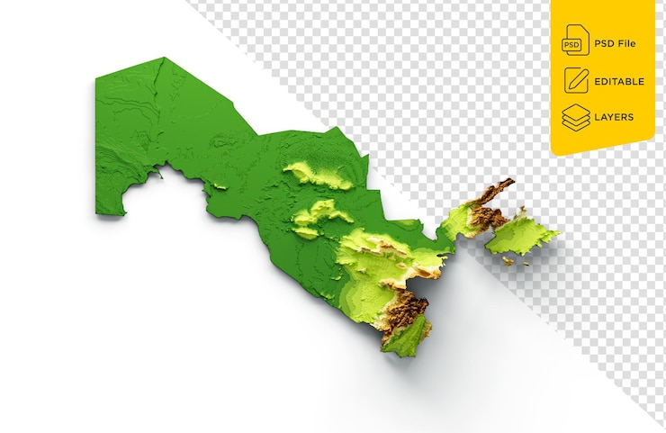 PSD mapa do uzbequistão relevo sombreado mapa de altura de cor na ilustração 3d de fundo branco
