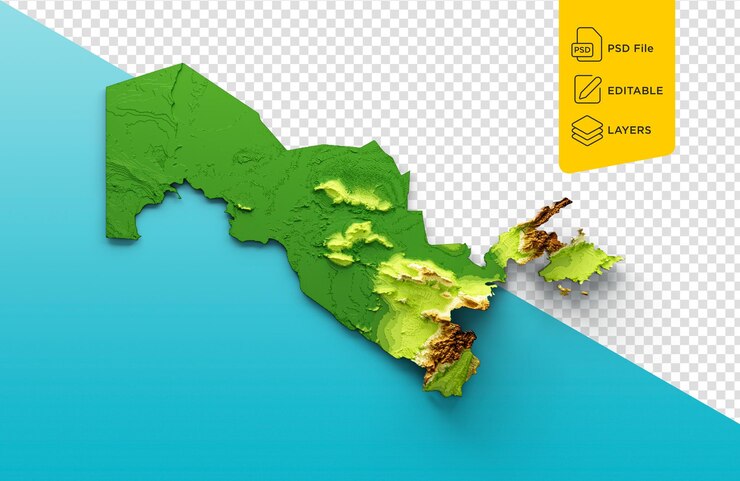 PSD mapa do uzbequistão relief sombreado cor altura mapa em fundo azul do mar ilustração 3d