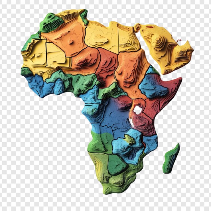 PSD mapa em relevo 3d colorido da áfrica mostrando topografia e regiões